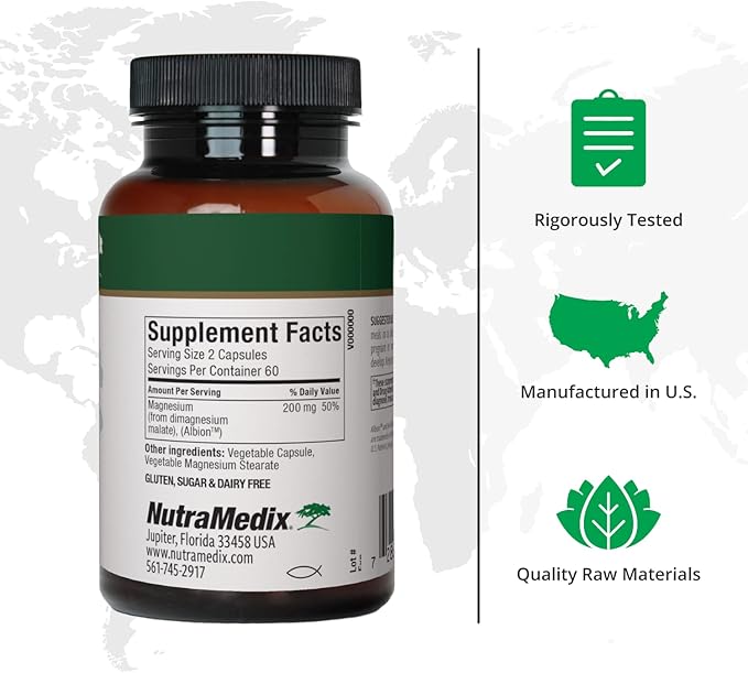 NutraMedix Magnesium Malate Energy Supplements - Bioavailable Magnesium for Sleep, Immune Support & Joint Health - Vegan, Non-GMO & Gluten-Free Magnesium Supplements (120 Vegetarian Capsules)
