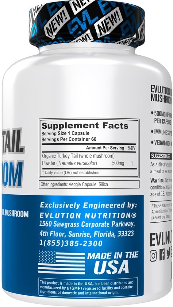 Evlution Nutrition Turkey Tail Mushroom - 500mg Organic Turkey Tail Mushroom per Capsule - Immune Support - Dietary Supplement - Vegan & Non-GMO - 60 Servings - 60 Capsules