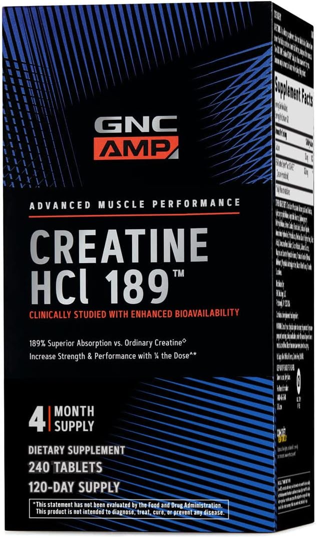 GNC AMP Creatine HCl 189 Pills, Clinically Proven Strength & Muscle Builder, Athletic Performance, Energy Production, Recovery Supplement, Fast Absorbing, Gluten Free Formula, 120 Servings