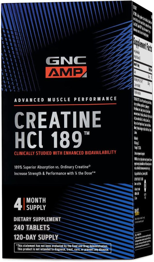 GNC AMP Creatine HCl 189 Pills, Clinically Proven Strength & Muscle Builder, Athletic Performance, Energy Production, Recovery Supplement, Fast Absorbing, Gluten Free Formula, 120 Servings