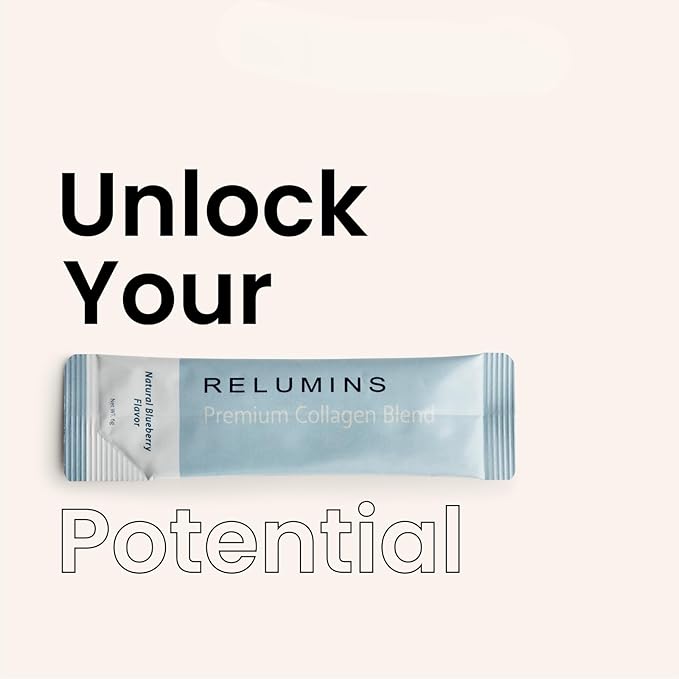 Relumins Marine Collagen Powder Drink Mix - Collagen Peptide with Glutathione, Green Tea, CoQ10, & Hyaluronic Acid Boosts Smooth Glowing Skin - 10 Powder Sachets x Blueberry Flavored