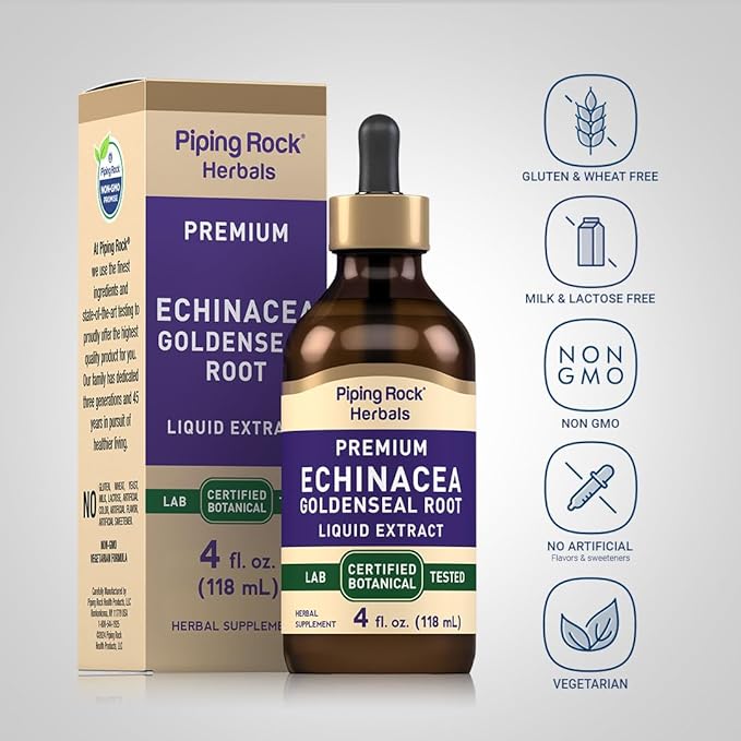Piping Rock Echinacea Goldenseal Tincture | 4 Fl Oz Liquid Drops | Alcohol Free Herbal Extract | Vegetarian, Non-GMO, Gluten Free Supplement