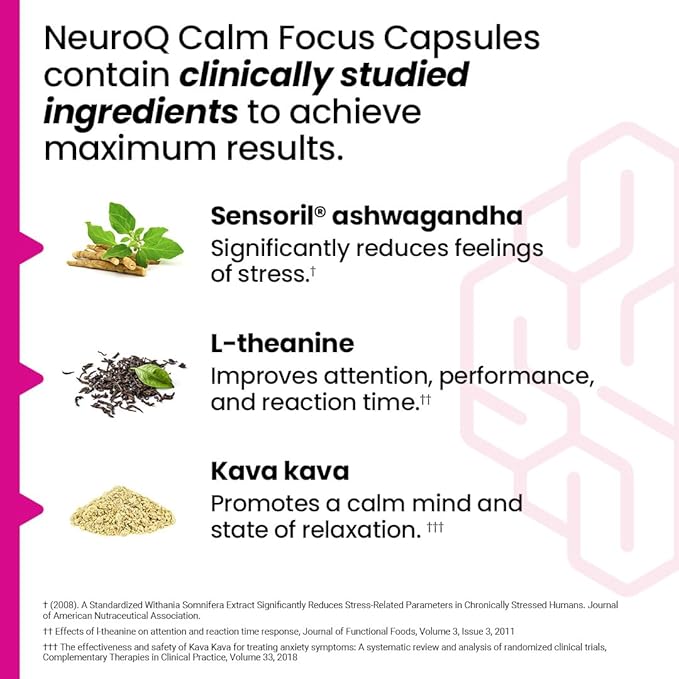 NeuroQ Calm Focus Capsules - Stress Relief Supplement - Supports Mental Function & Relaxation - Sensoril Ashwagandha, Magnesium, GABA, L-Theanine, Andean Cocoa & Kava Kava - 60 Capsules