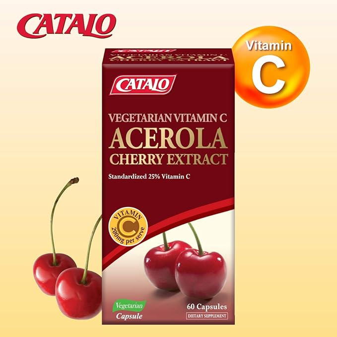 CATALO Acerola Cherry Extract Capsules – Vitamin C from Acerola Cherries, Plant-Based, No Synthetic Vitamin C, No Artificial Colors or Preservatives – 60 Vegetarian Capsules