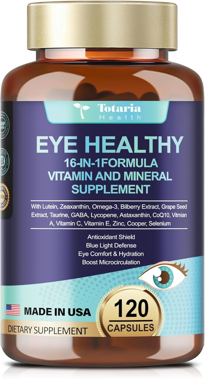 Eye Vitamins Lutein and Zeaxanthin for Adults, AREDS 2 Eye Vitamin and Mineral, Omega-3, Bilberry Extract - Carotenoid Blend, Support Eye Health, Strain, Comfort & Hydration (120 Capsules)