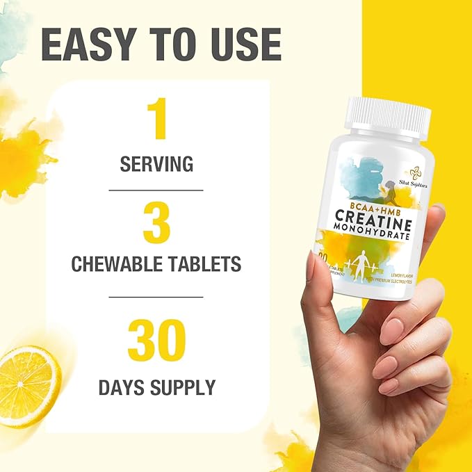 8-in-1 Creatine Monohydrate with BCAA & HMB, 5000 mg for Men & Women, Creatine Chews for Muscle, Recovery, Endurance & Strength, High Absorption, Lemon Flavor, Sugar-Free, 180 Tablets