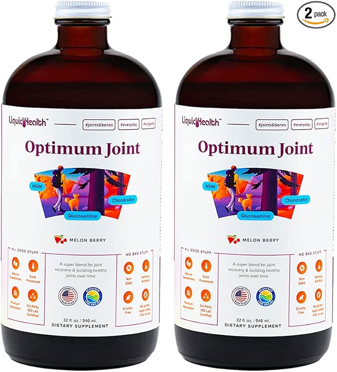 LIQUIDHEALTH Optimum Joint Support Liquid Multivitamin with Glucosamine, Chondroitin, MSM, Hyaluronic Acid - Increase Mobility, Joint Comfort, for Runners & Athletes - Made in USA, Vegan (2 Pack)