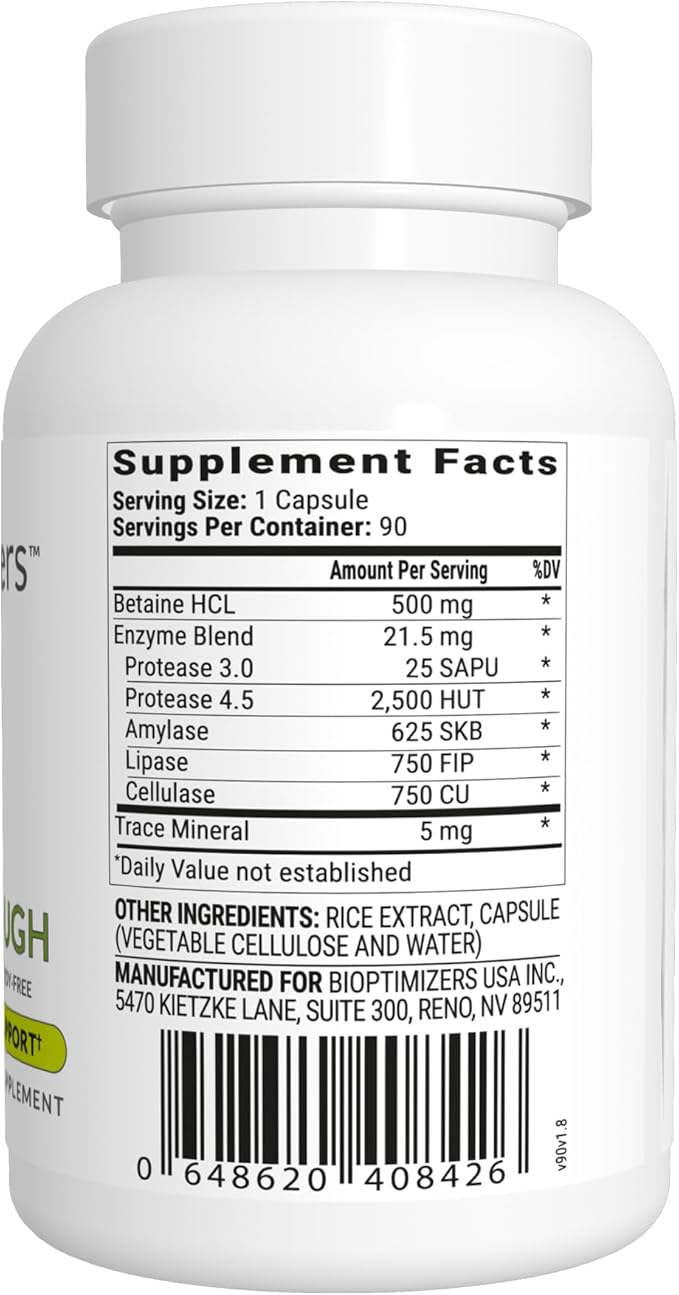 BIOptimizers HCL Breakthrough - Betaine Hydrochloride Enzymes Supplement - Assists with Protein Breakdown and Absorption - Helps Gas and Heartburn Relief - 90 Pepsin-Free Capsules