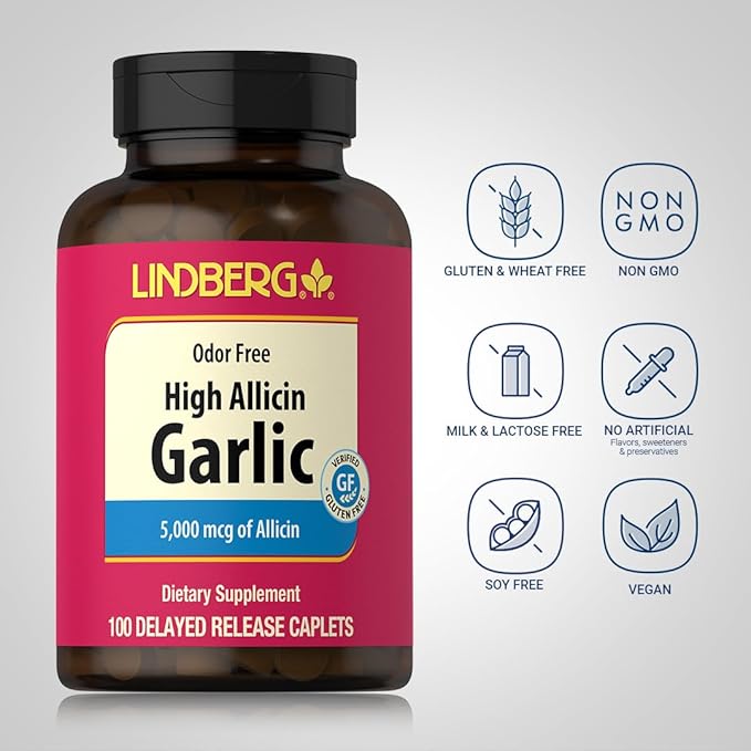 Lindberg Garlic Supplement 5000mg | 100 Caplets | High Allicin Odorless Garlic | Non-GMO, Gluten Free