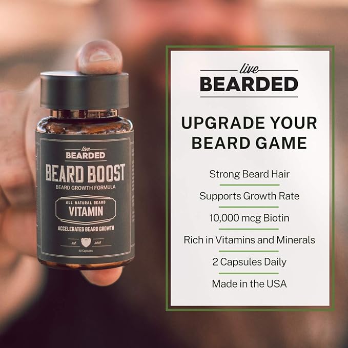 Live Bearded Beard Boost - Hair Growth Multivitamins with Biotin 10,000mcg, Vitamins C, E and Zinc - Thick, Strong, Full Grow Support - Made in The USA | 60-Day Supply