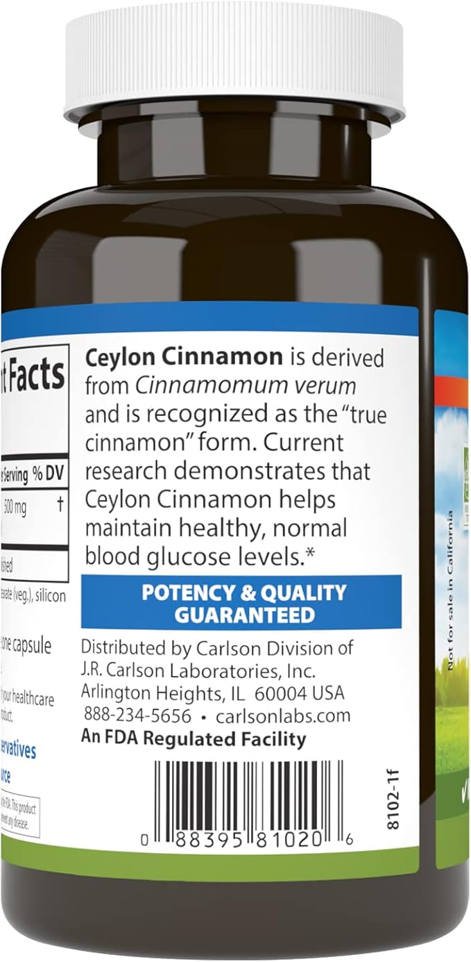 Carlson - Ceylon Cinnamon, Cinnamon Supplements, 500 mg, Cinnamon Extract Pills, Ceylon Cinnamon Capsules, 90 Capsules.