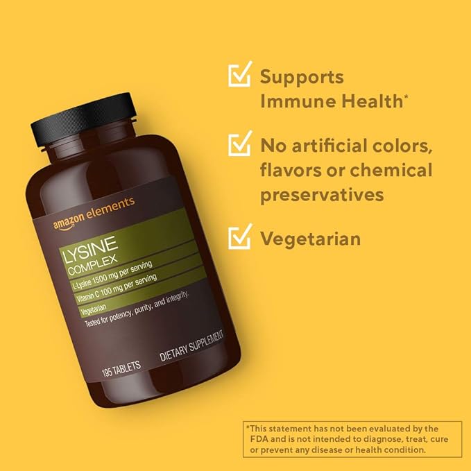 Amazon Elements Lysine Complex with Vitamin C for Immune Health Support, Vegetarian, 65 Servings, 195 Count (Packaging may vary)
