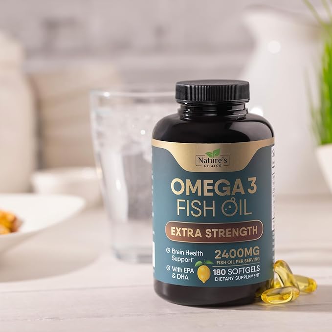 Triple Strength Omega 3 Fish Oil Supplement, EPA & DHA Fish Oil Omega 3 Essential Fatty Acids Supplement Softgels, 2400 mg Brain & Heart Health Support Supplements, Gluten Free, Non-GMO, 180 Softgels