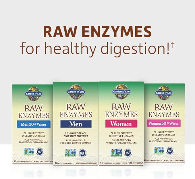 Garden of Life 22 Digestive Enzymes for Men with Bromelain, Papain & Lactase Plus Probiotics & Whole Food Vitamins B12, Biotin & Zinc – RAW Enzymes – Non-GMO, Gluten-Free, Vegetarian, 90 Capsules