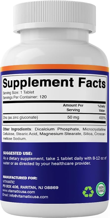 Vitamatic Zinc 50mg as Zinc Gluconate - Immunity Boosting Supplement 120 Tablets