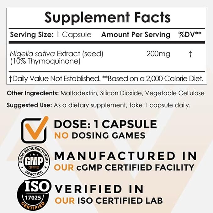Nootropics Depot Nigella Sativa Extract Capsules | 200mg | 120 Count | Minimum 10% Thymoquinone Content | Black Seed Oil Extract | Supports Brain Health, Memory, Liver Health, and Immune Function