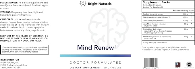 Mind Renew - Brain Supplement Supports Memory, Focus, and Cognition - with Lion's Mane and Ginkgo Biloba Extract - Made in The USA, 60 Capsules