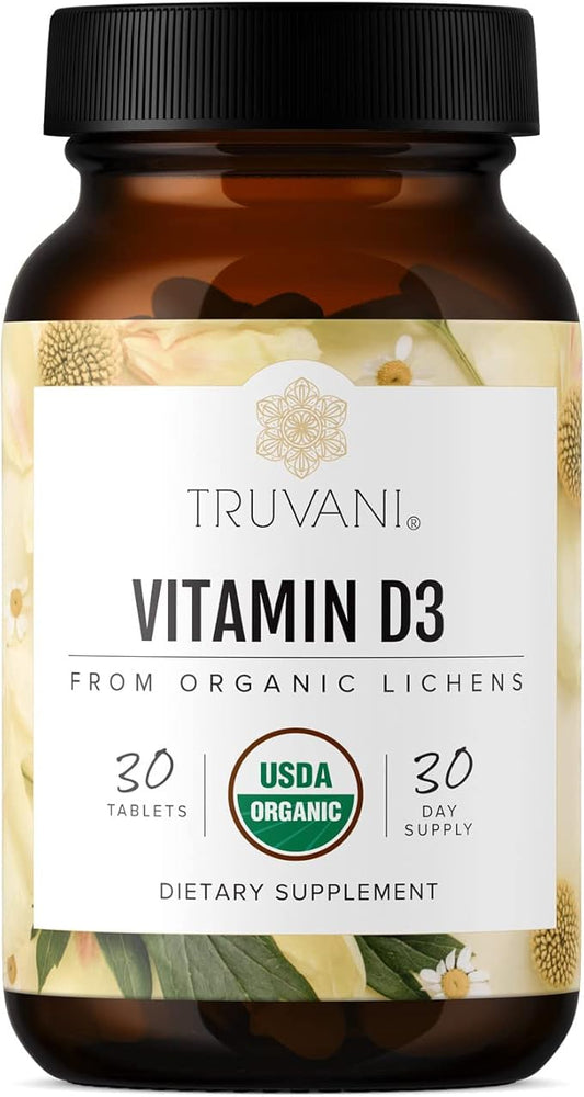Truvani Organic Vitamin D3 - Plant-Based, USDA Organic, Gluten-Free, Non-GMO, Vegan D3 Supplement - Supports Bone, Immune & Brain Health - 30 Tablets