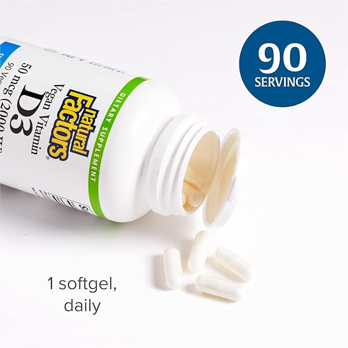 Natural Factors Vegan Vitamin D3 2000 IU, Supports Bone and Immune Health, 90 Capsules
