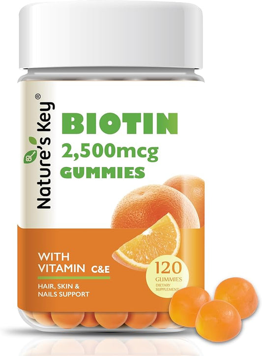 Nature's Key Biotin Gummies with Vitamin C and E, Support Hair Nails Growth & Beautiful Skin for Women Men and Kids, Vegan, Orange Flavors, 120 Count