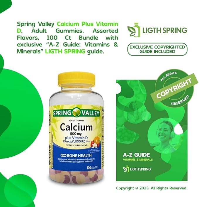 Calcium Plus Vitamin D, Adult Gummies, 500 mcg, 1000 IU, Assorted Flavors, 100 Ct Bundle with Exclusive Vitamins & Minerals - A to Z - Better Ligth&Spring Guide (2 Items)