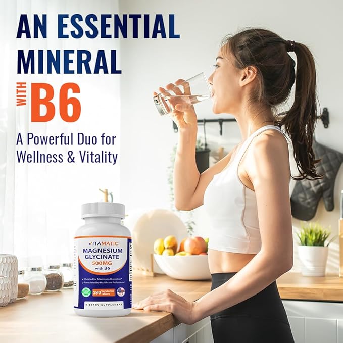 Vitamatic Magnesium Glycinate 500mg per Tablet - 180 Vegetarian Tablets (Uncoated) - Added B6 for Maximum Absorption - Supports Muscle, Joint, and Heart Health* 2 Packs