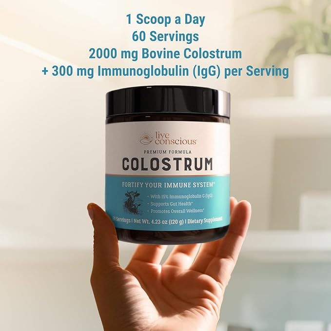 Live Conscious Colostrum Powder - Grass Fed Colostrum Supplement with Lactoferrin for Iron Absorption - Bovine Colostrum an Immune System Supplement