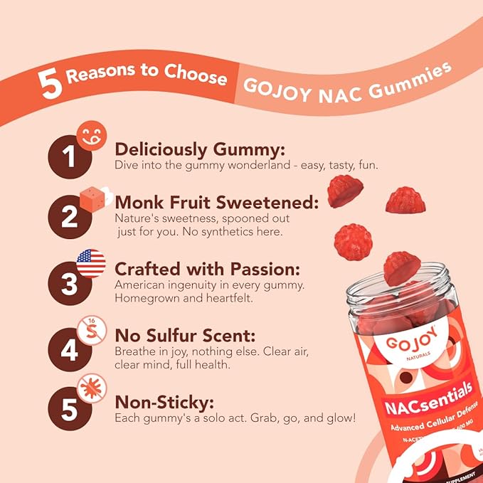GOJOY NACsentials Sugar-Free NAC Gummies – 600mg N-Acetyl Cysteine with Vitamin C, ALA, Quercetin & Astaxanthin – Antioxidant & Liver Detox Support – Vegan & Keto-Friendly – 60 Gummies