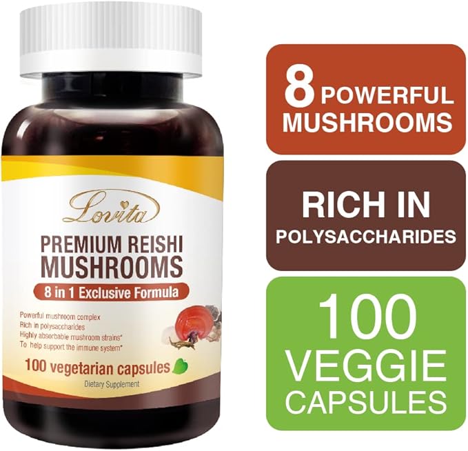 Lovita Mushroom Supplement, 8 in 1 Mushroom Complex, Lion’s Mane, Cordyceps CS-4, Reishi Spores, Turkey Tail, Maitake, for Natural Energy, Memory Support & Immune Support. 100 Vegan Capsules