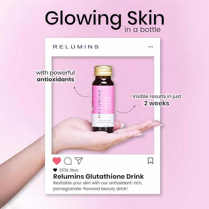 Relumins Glutathione Drink & Vitamin C Bundle – Brightening & Firming Pomegranate Gluta Shots (50mL x 10 Bottles) + Advanced Vitamin C with Rose HIPS & Bioflavonoids (180 Veg Caps)