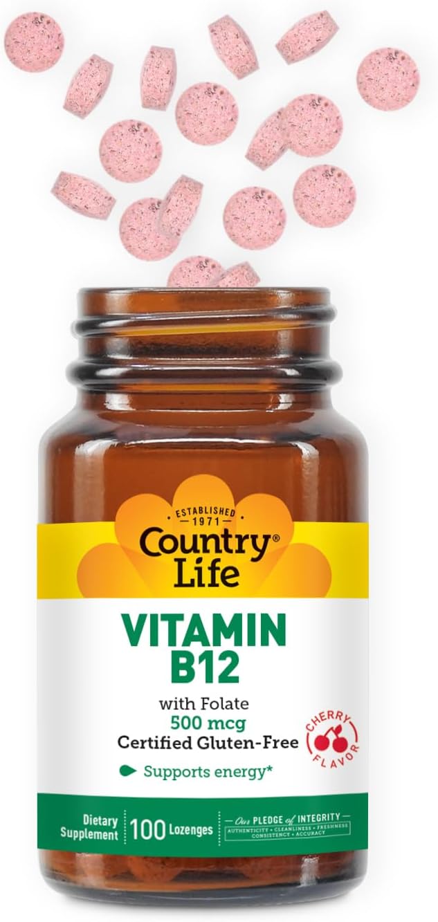 Country Life Vitamin B12 with Folate, Supports Energy & Red Blood Cell Production, 500mcg, 100 Lozenges, Certified Gluten Free, Certified Vegan, Certified Halal, Non-GMO Verified