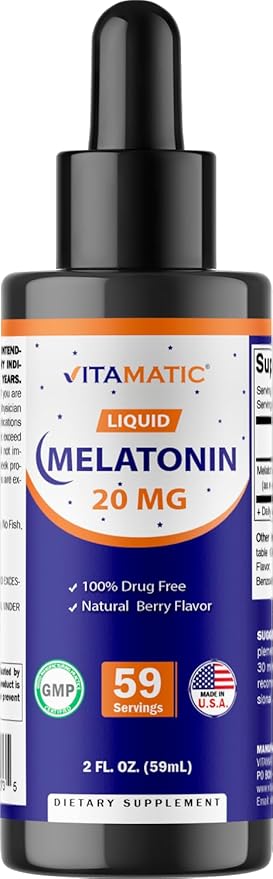 Vitamatic Melatonin 20mg Liquid Drops – 2 Fluid Ounce (59ml) – Natural Berry Flavor – for Adults – Non-GMO – Vegetarian Supplement