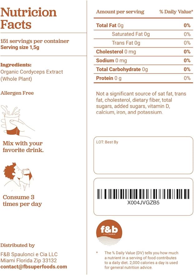 f&b superfoods Organic Cordyceps Mushroom Extract Powder, 8 Ounces | Fruit Body & Mycelium Extract | Active Polysaccharides & Cordycepic Acid | Supports Energy & Immune Health