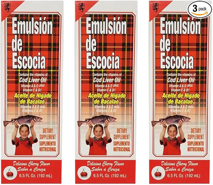 Emulsion de Escocia Cod Liver Oil Dietary Supplement. Rich in Vitamins A, D, E and B1. Cherry Flavoured. 6.5 Fl Oz / 192 mL. Pack of 3