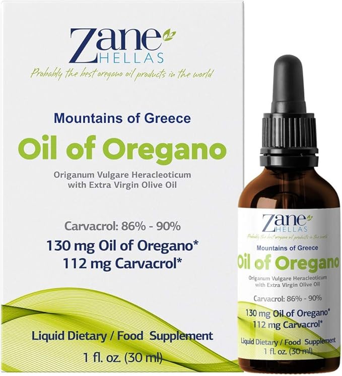 Zane Hellas 70% Oregano Oil. Greek Essential Oil of Oregano .86% Min Carvacrol. 112 mg Carvacrol Per Serving. Probably The Best Oregano Oil in The World. 1 fl. oz.- 30ml