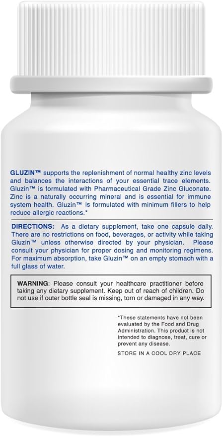 Gluzin OTC ZINC - Gluzin - Pharmaceutical Grade Zinc, 50mg, (2 Bottles - 120 Capsules)