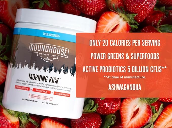 Morning Kick, Zero Sugar Greens Superfood Powder Supplement with Ashwaganda, Collagen, Probiotics, Debloat Drink, 30 Servings (Strawberry Lemonade) by Chuck Norris