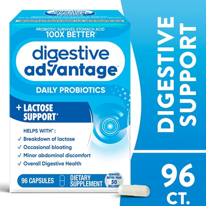 Digestive Advantage Lactose Defense Enzymes + Probiotics for Women & Men Occasional Bloating, Lactose Breakdown, Minor Abdominal Discomfort, Immune Support, 96 Count Capsules (2 Pack)
