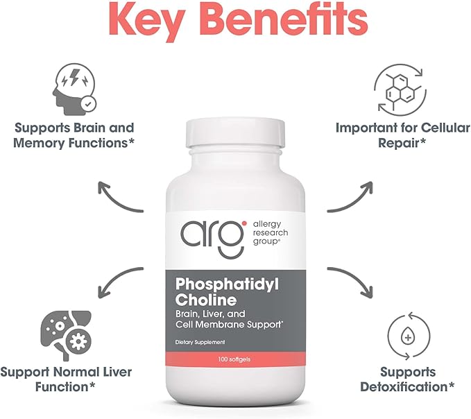 Allergy Research Group Phosphatidyl Choline - Phosphatidyl Supplements for Brain and Liver Health, Soy Lecithin Extract, 385mg Per Capsule - 100 Softgels