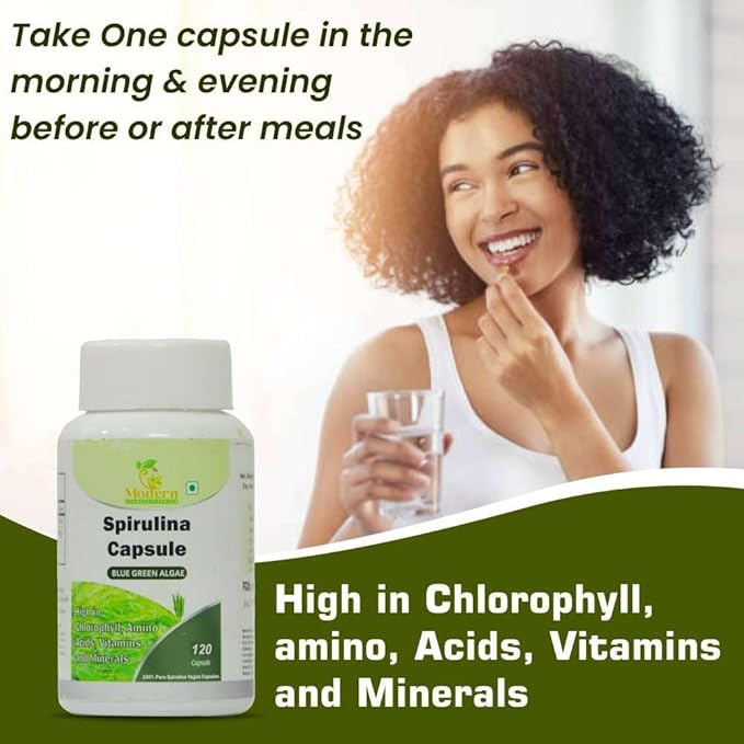 Spirulina Capsules 120 Veggie Capsule Blue Green Algae Supplement 450mg with Piperine for Enhanced Absorption Rich in Chlorophyll, Amino Acids, Vitamins & Minerals