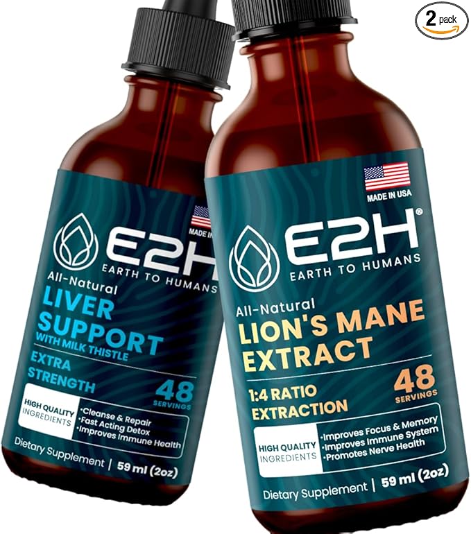 E2H: Liver Support Supplement and Cordyceps Mushroom Supplement | Vegan, Non-GMO - 2 Fl Oz Each (4 Fl Oz Total) - Bundle