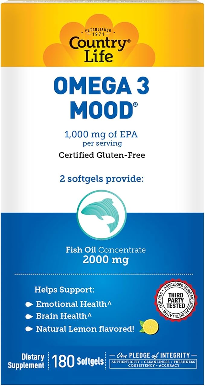 Country Life Omega 3 Fish Oil Supplement - High Concentration EPA and DHA Omega 3 Fatty Acids - 2000mg Fish Oil for Emotional Health, Mood Support, and No Fish Taste - Natural Lemon Flavor