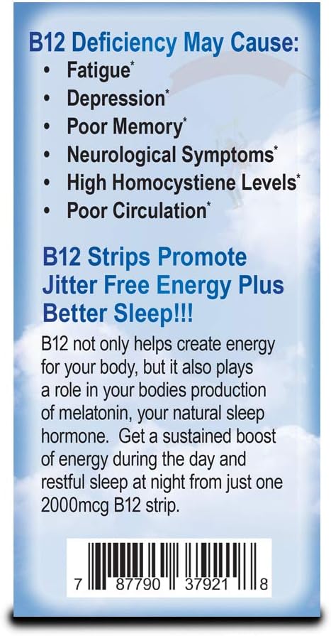 2,000 mcg Methylcobalamin Vitamin B12 Sublingual Energy Strips | Biotin, B6, 5-MTHF L-Methylfolate | Sublingual B12 Vitamins, Folate | Energy, Brain Health, Nerve Function - 90 Strips