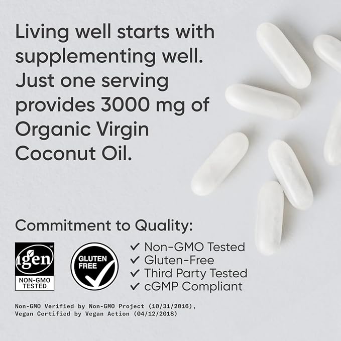 Extra Virgin Organic Coconut Oil Capsules | The Only Vegan Certified, Non-GMO Project Verified Coconut Capsule Available (120 Plant Gels)