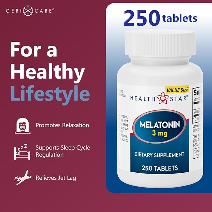 GeriCare Melatonin 3mg Tablets, Balances Nighttime Routine - Helps Adjust to Changing Schedules - Promotes Restful Evenings – Easy-to-Take Tablets, 250 Count (Pack of 1)