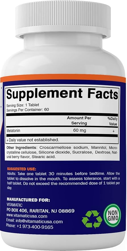 Vitamatic Melatonin 60 mg Fast Dissolve Tablets - 60 Vegan Natural Berry Flavor Tablets - Non-Habit Forming - Non-GMO, Gluten Free (2 Bottles)