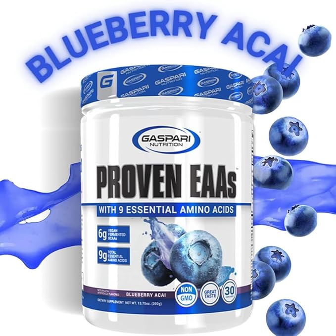 Gaspari Nutrition Proven EAAs, Vegan Fermented EAAs, Enhances Recovery & Replenishes Electrolytes, Non GMO (30 Servings, Blueberry Acai)