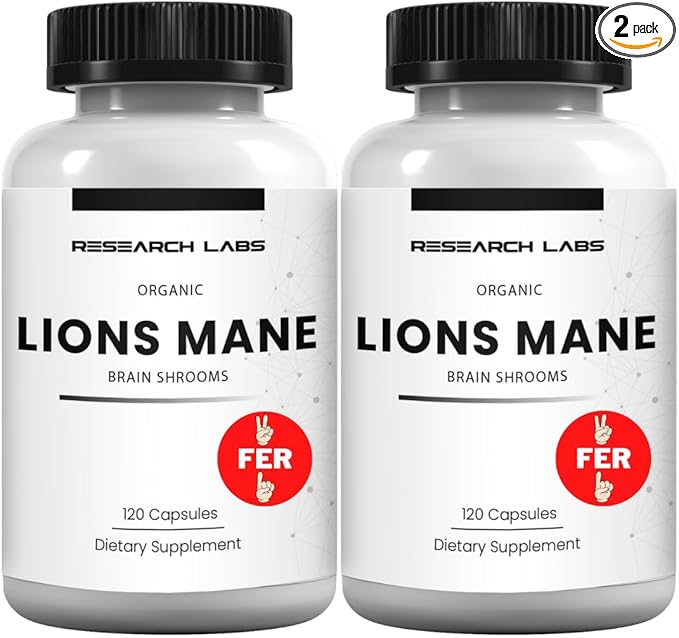 Research Labs Organic Lions Mane Supplement Capsules, 2 Fer 1 Ad - 240 Capsules w/Patent Litropane™ Immune System Booster Nootropic Brain Support Mushroom Supplement. 10X Extract comparable 18000mg