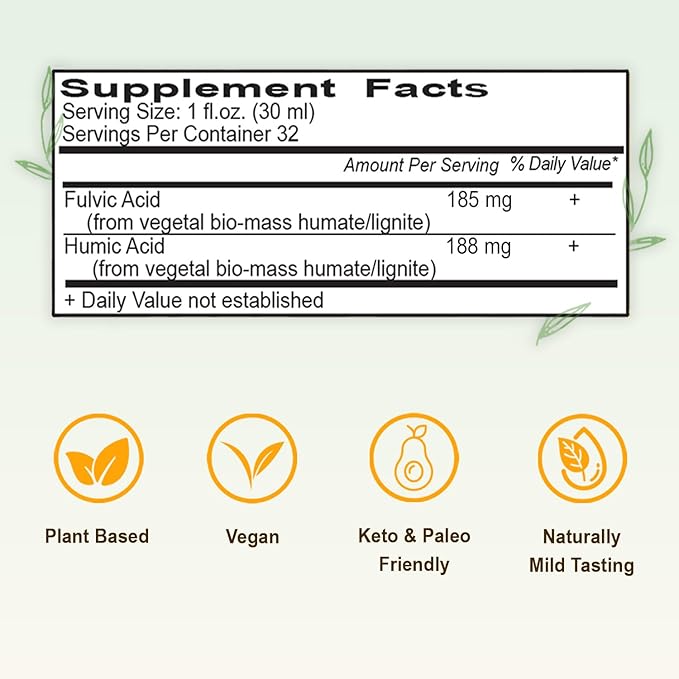 Vital Earth Minerals Fulvic Humic Mineral Blend Liquid – Fulvic Acid Supplement with 70+ Trace Minerals, Electrolytes for Recovery, Balance & Energy, 32 Oz + 1 Oz Cup