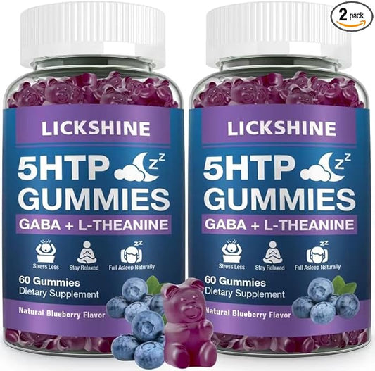 2 Pack 300MG 5-HTP GABA Sleep Supplement Gummies with 200mg L-Theanine Supplement for Brain, Mood Stabilizer and Sleep Support, Melatonin-Free, Omega 3-6-9 for Natural Zzzs, Blueberry Flavor